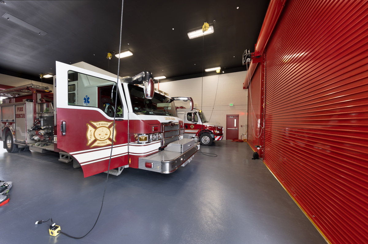 Interior design view of the bay area of Fire and Rescue Station 106 Lehigh Acres, FL.